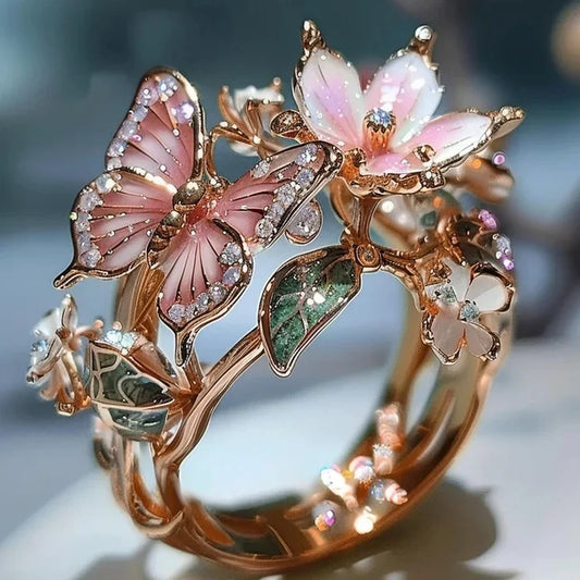 Vintage Rose Gold Floral Butterfly Ring