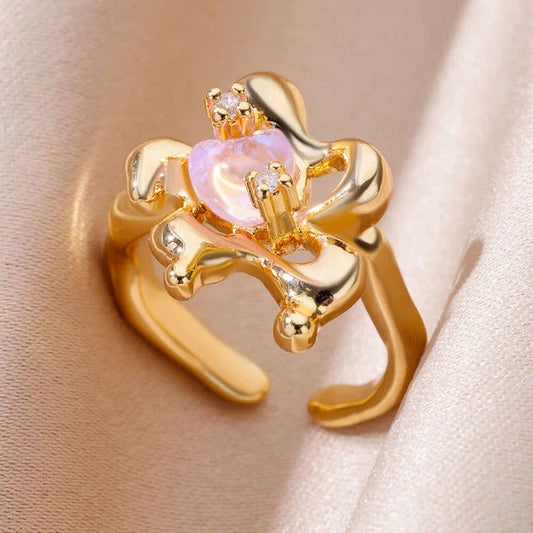 Golden Cosmic Crystal Heart RingAdjust