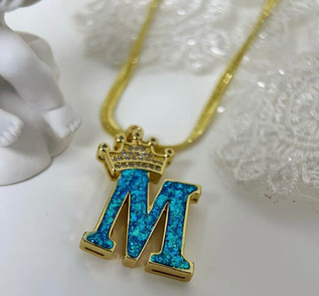 Handmade Blue Opal Personalized Initials Crown Necklace