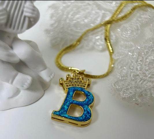 Handmade Blue Opal Personalized Initials Crown Necklace