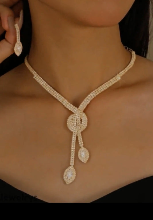 Gold Rhinestone Lariat Necklace & Earring Set