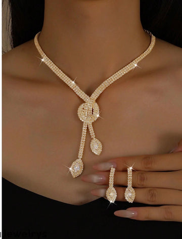 Gold Rhinestone Lariat Necklace & Earring Set