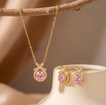 !8K Gold Filled Pink Bow Necklace & Earrings Set