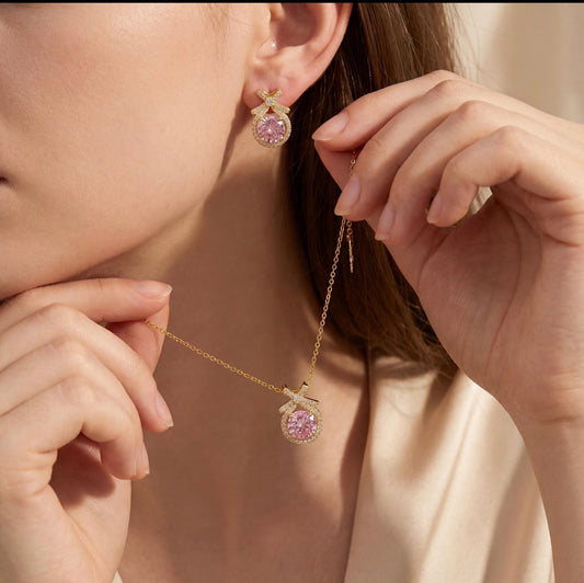 !8K Gold Filled Pink Bow Necklace & Earrings Set