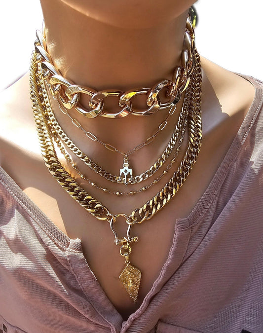 Multi Strand Chunky Chain Choker Collar Necklace Set