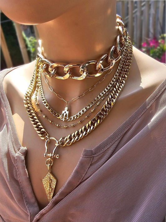 Multi Strand Chunky Chain Choker Collar Necklace Set