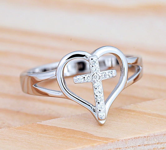 Open Heart Cross Sterling Silver Promise Ring
