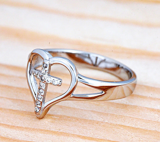 Open Heart Cross Sterling Silver Promise Ring