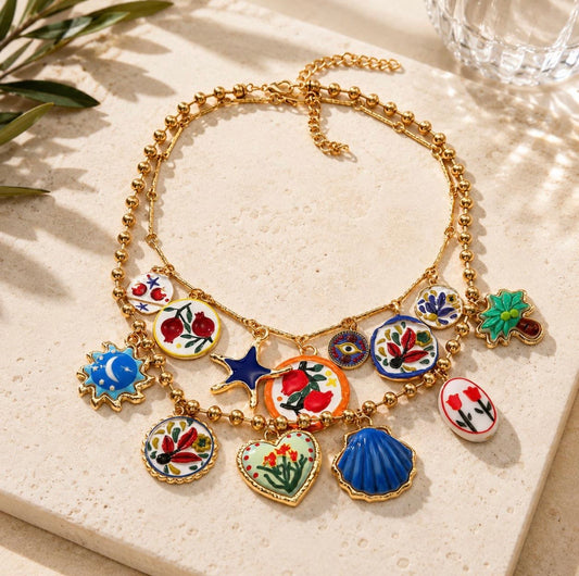 Double Enamel Charm Layered Necklace