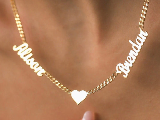 Custom Double Name Cuban Chain Heart Necklace