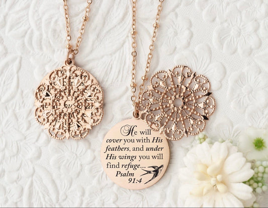 He Will Cover You With His Feathers Scripture Necklace