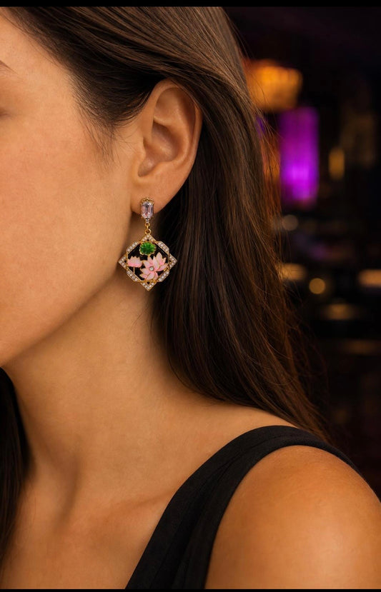 Pink & Green Vintage Enamel Drop Earrings