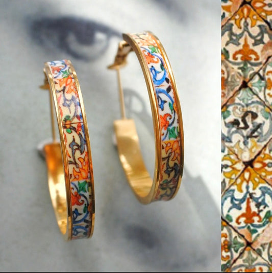 Mosaic Floral Tile Hoop Earrings